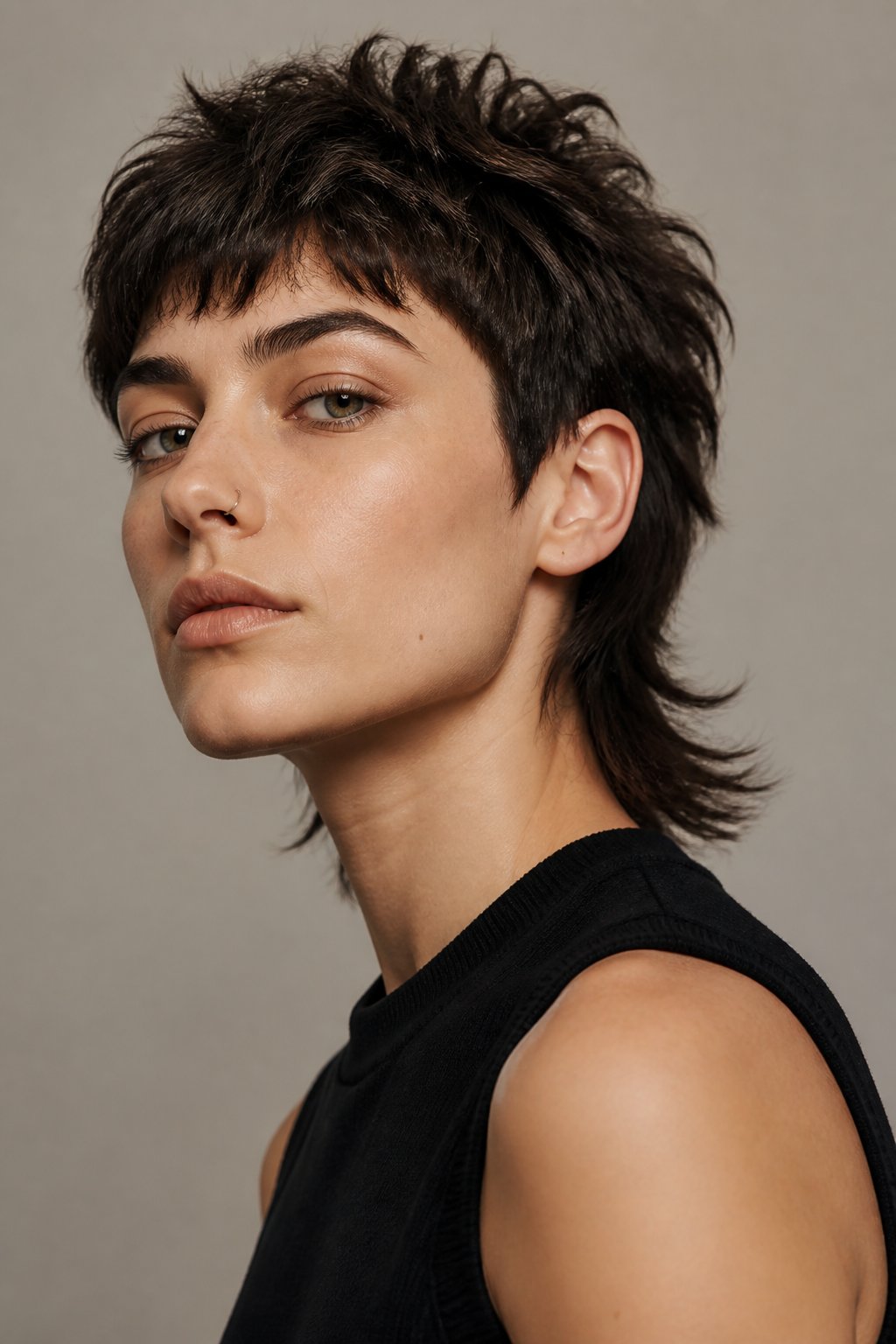 A person with a short layered haircut poses against a plain studio background.