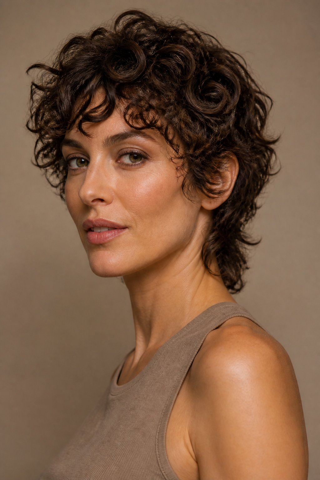 A woman with a short curly haircut poses against a plain background.