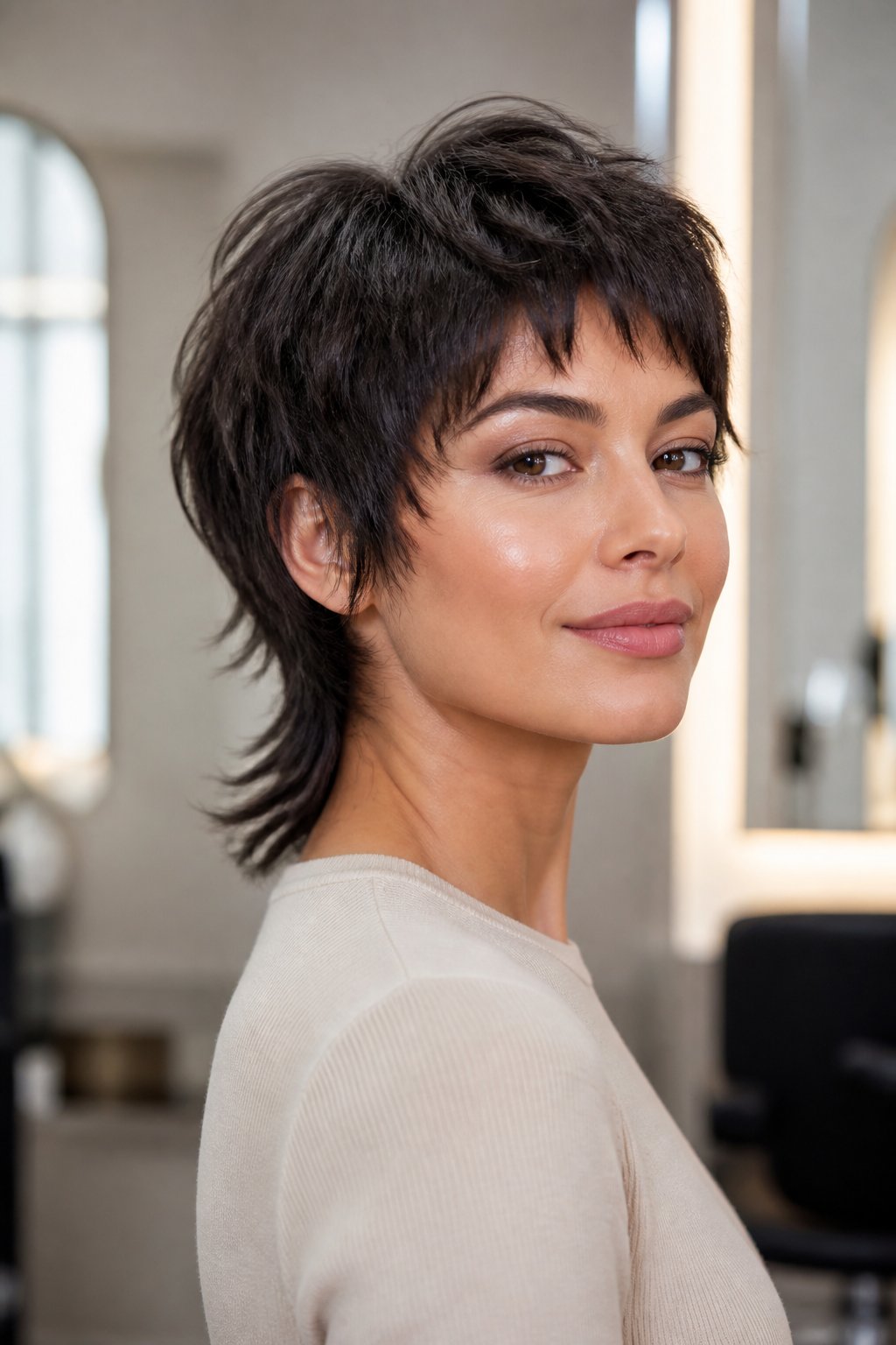 A woman with a short layered haircut poses in a softly lit salon.