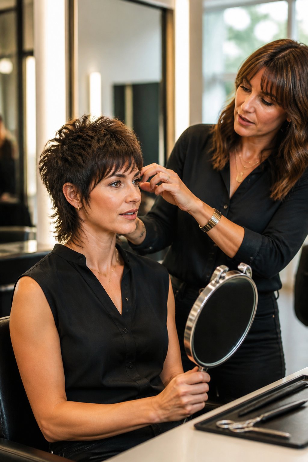 A woman sits in a salon chair while a hairstylist consults with her beside a mirror.
