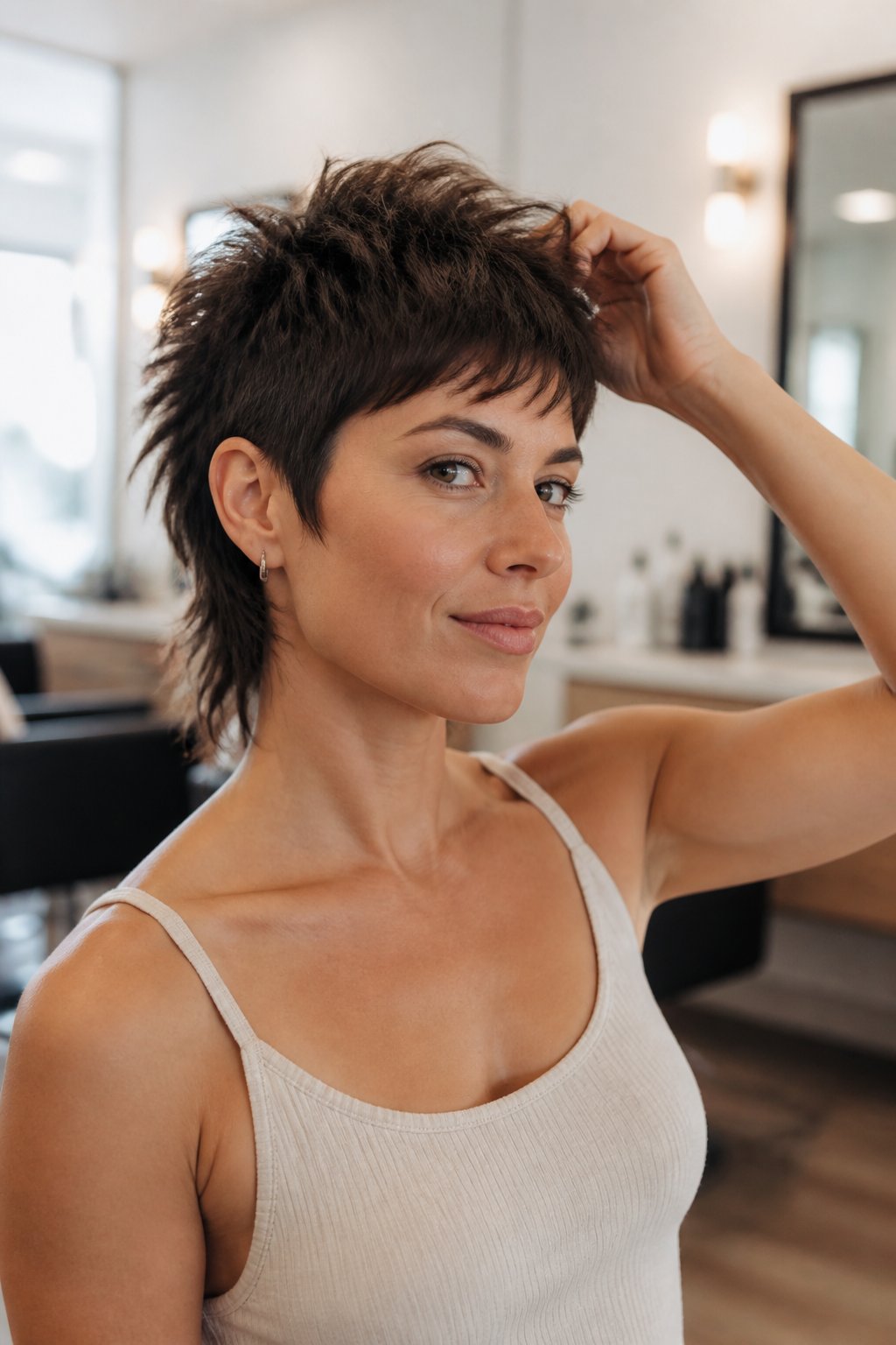 A woman with a short layered haircut stands in a bright hair salon.