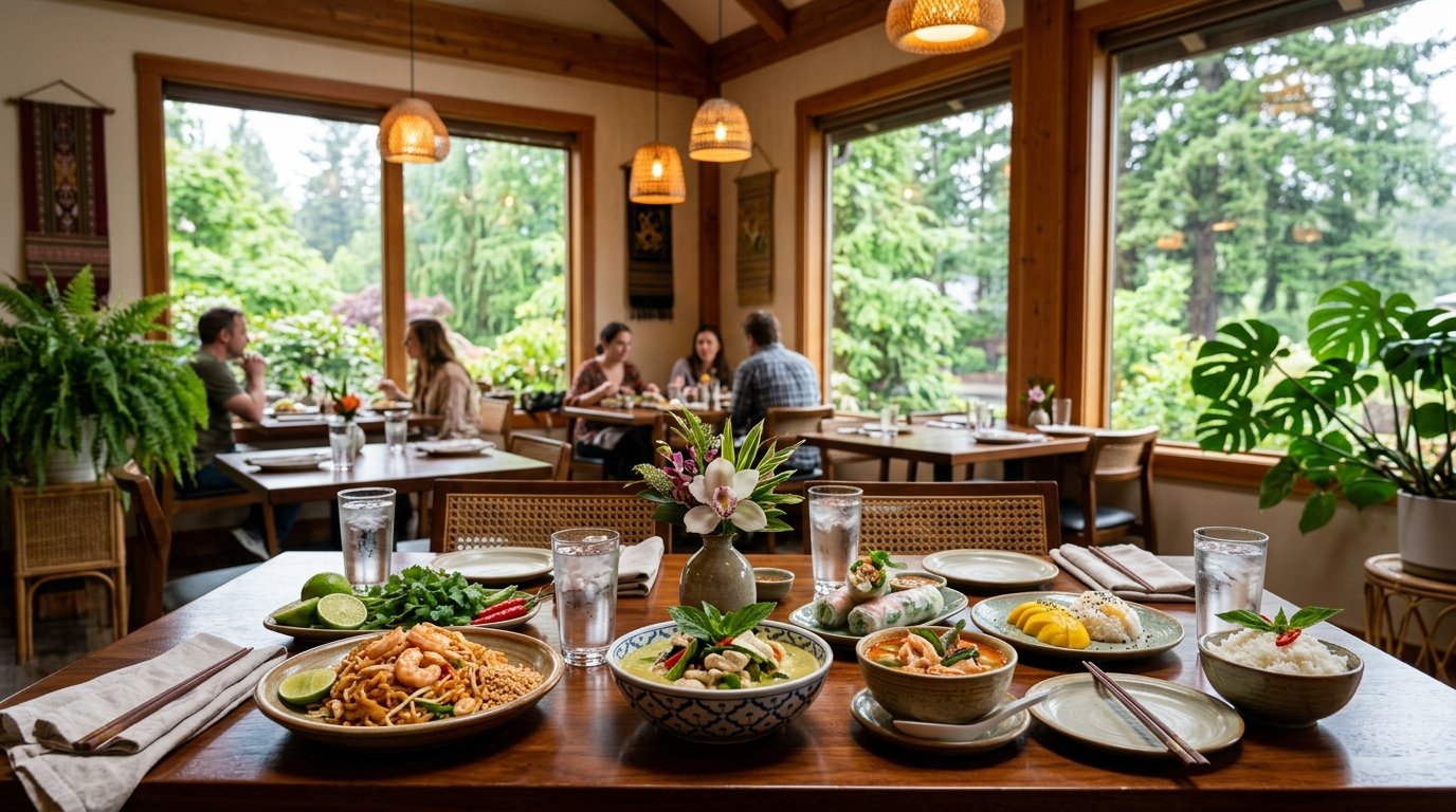 A welcoming Thai restaurant in Eugene with a table covered in colorful Thai dishes and greenery visible through the windows.