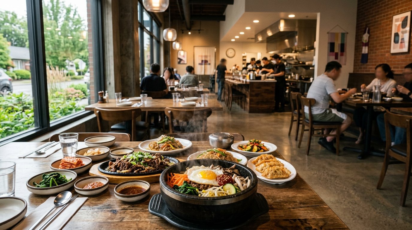 A welcoming Korean restaurant dining room with colorful Korean dishes and side dishes arranged on tables.