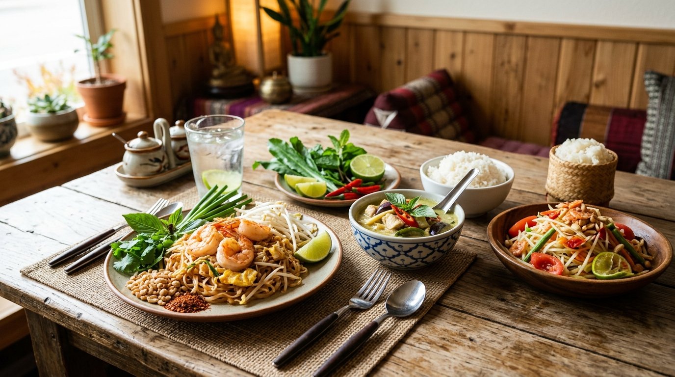A selection of colorful Thai dishes served on a table in a warmly lit restaurant.