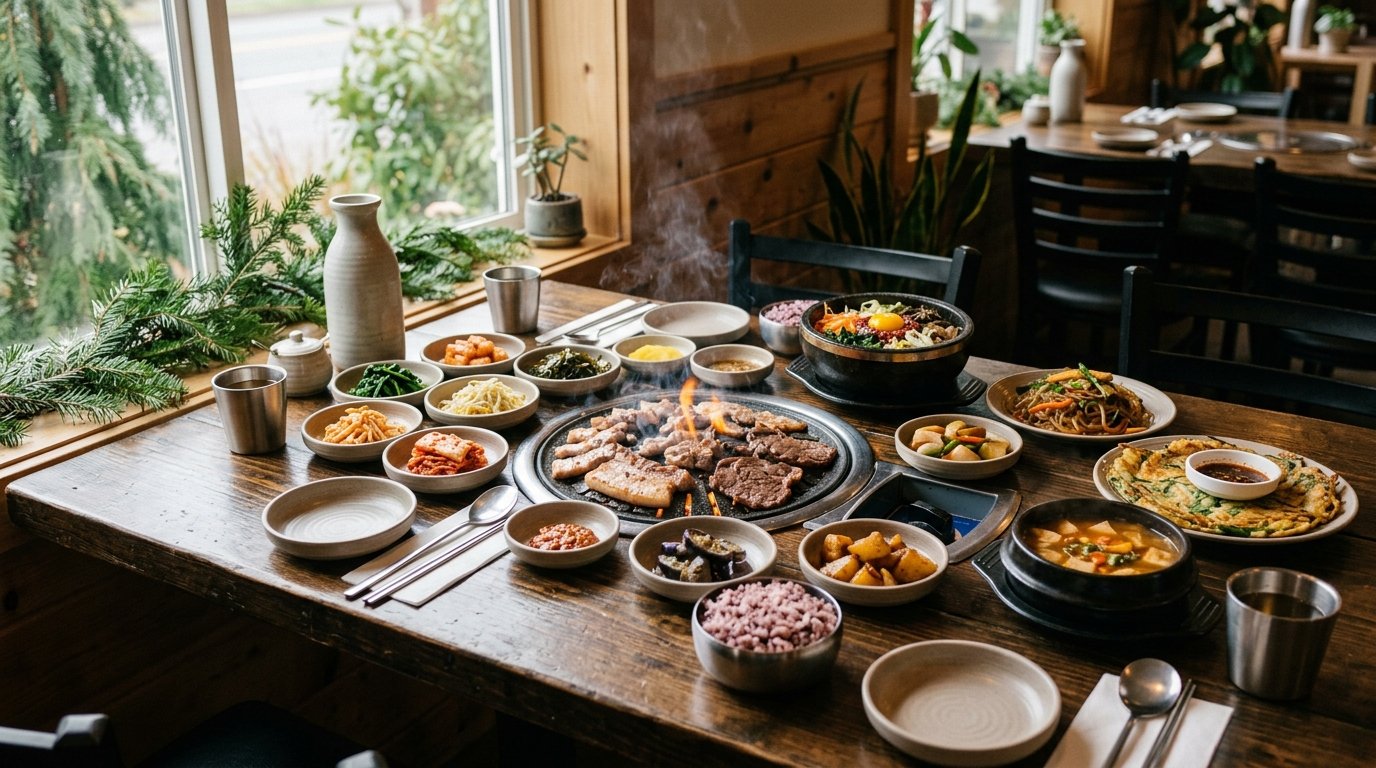 A table filled with colorful Korean dishes and side dishes in a warm, inviting restaurant.