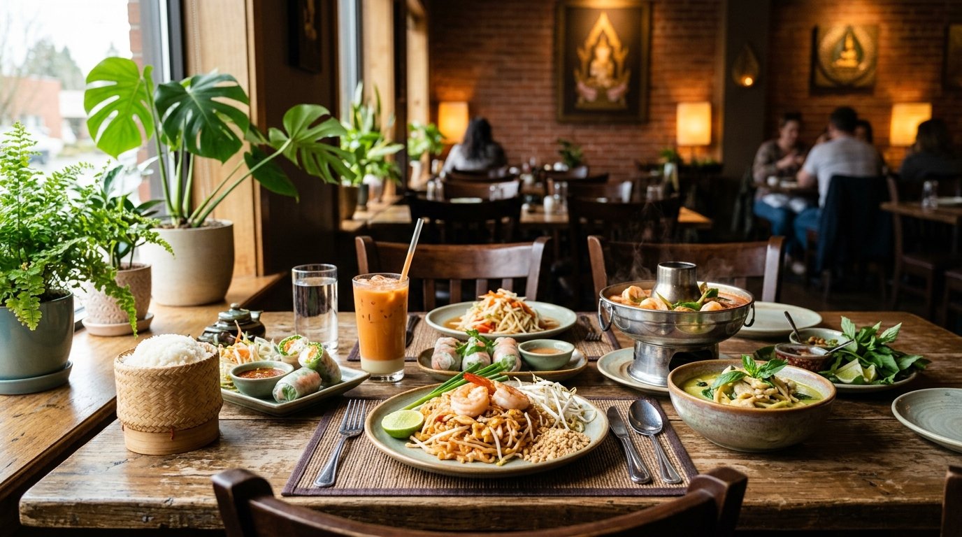 A table filled with colorful Thai dishes inside a warmly decorated restaurant.