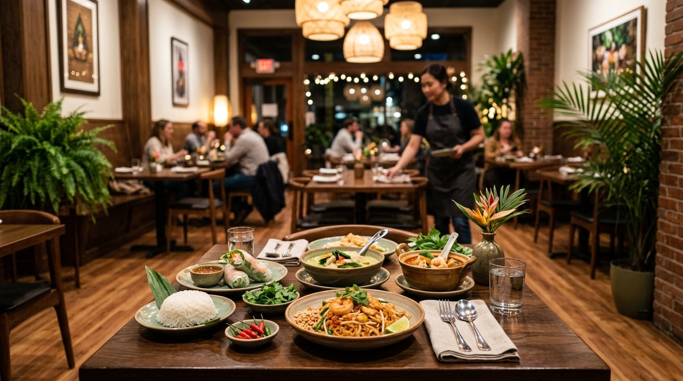 A warmly lit Thai restaurant table featuring colorful dishes in an inviting dining room.