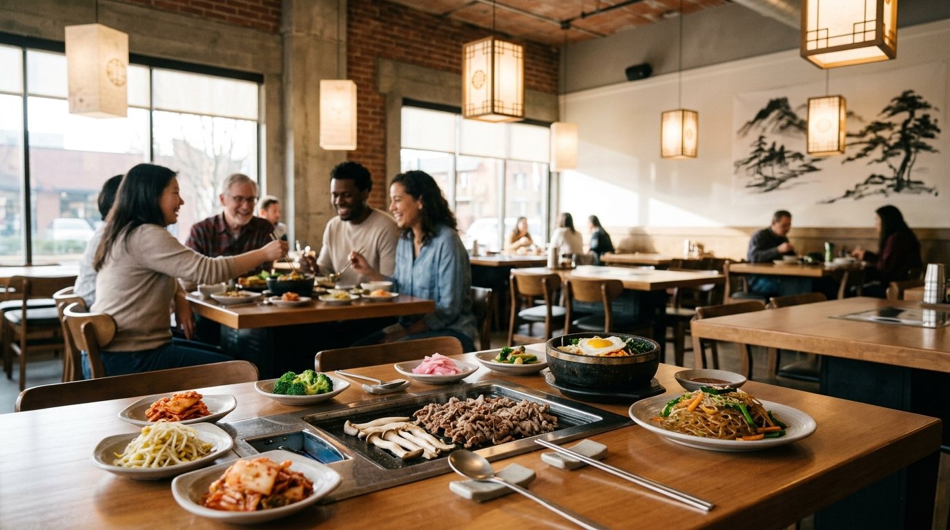 A warmly lit Korean restaurant dining room with a table of barbecue, bibimbap, kimchi, and assorted side dishes.