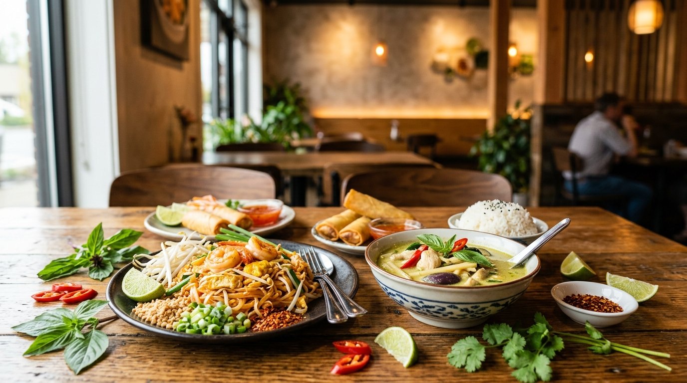 A colorful spread of Thai dishes, including noodles, curry, rice, spring rolls, and fresh herbs, on a restaurant table.