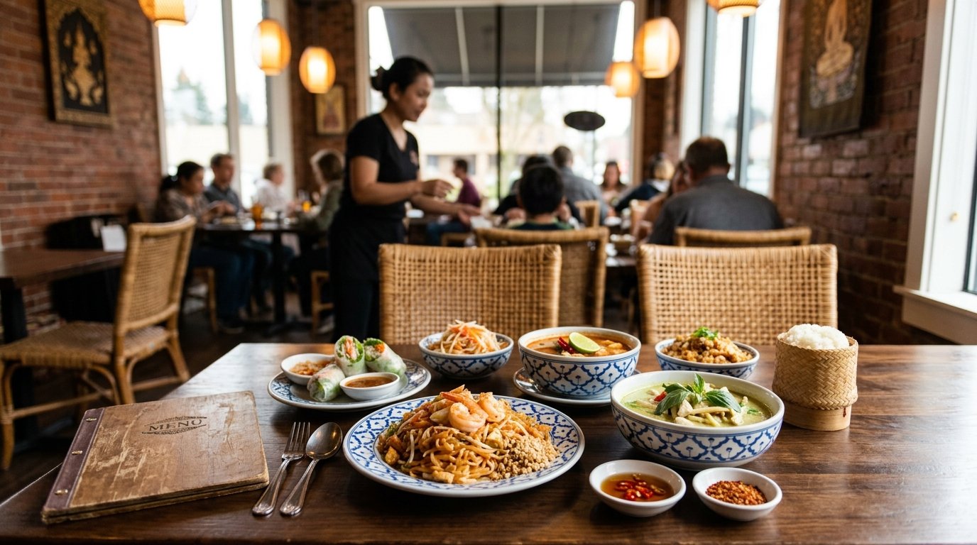 A warmly lit Thai restaurant interior with colorful Thai dishes arranged on a dining table.