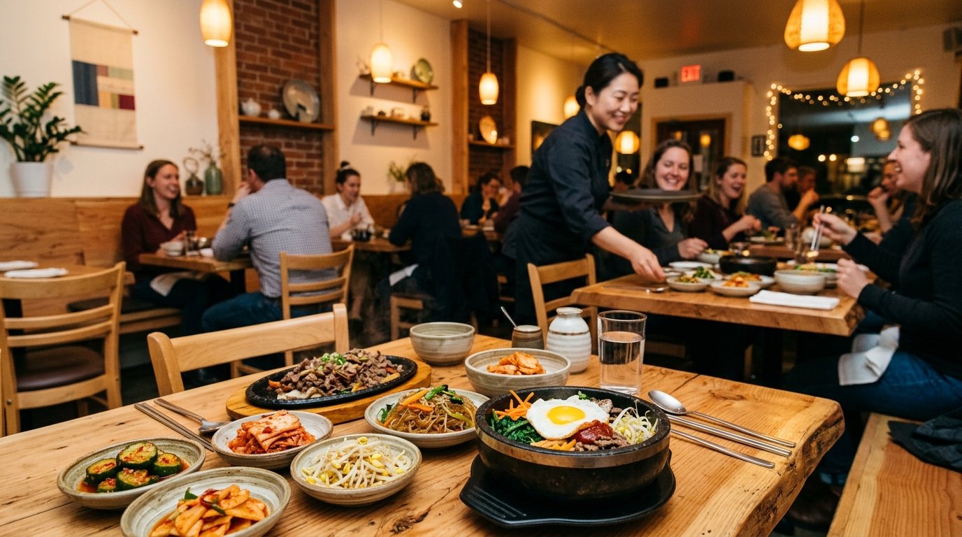 A warmly lit Korean restaurant interior with a table filled with colorful Korean dishes and side plates.