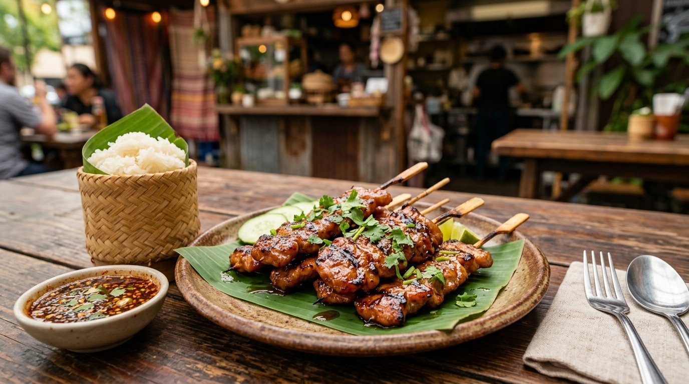 Grilled Thai pork skewers served with dipping sauce, cucumber, cilantro, and sticky rice.
