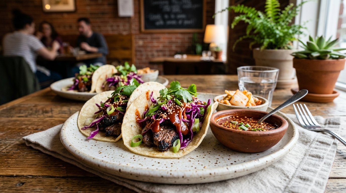 Korean-Mexican fusion tacos with beef, cabbage slaw, scallions, and kimchi on a restaurant table.