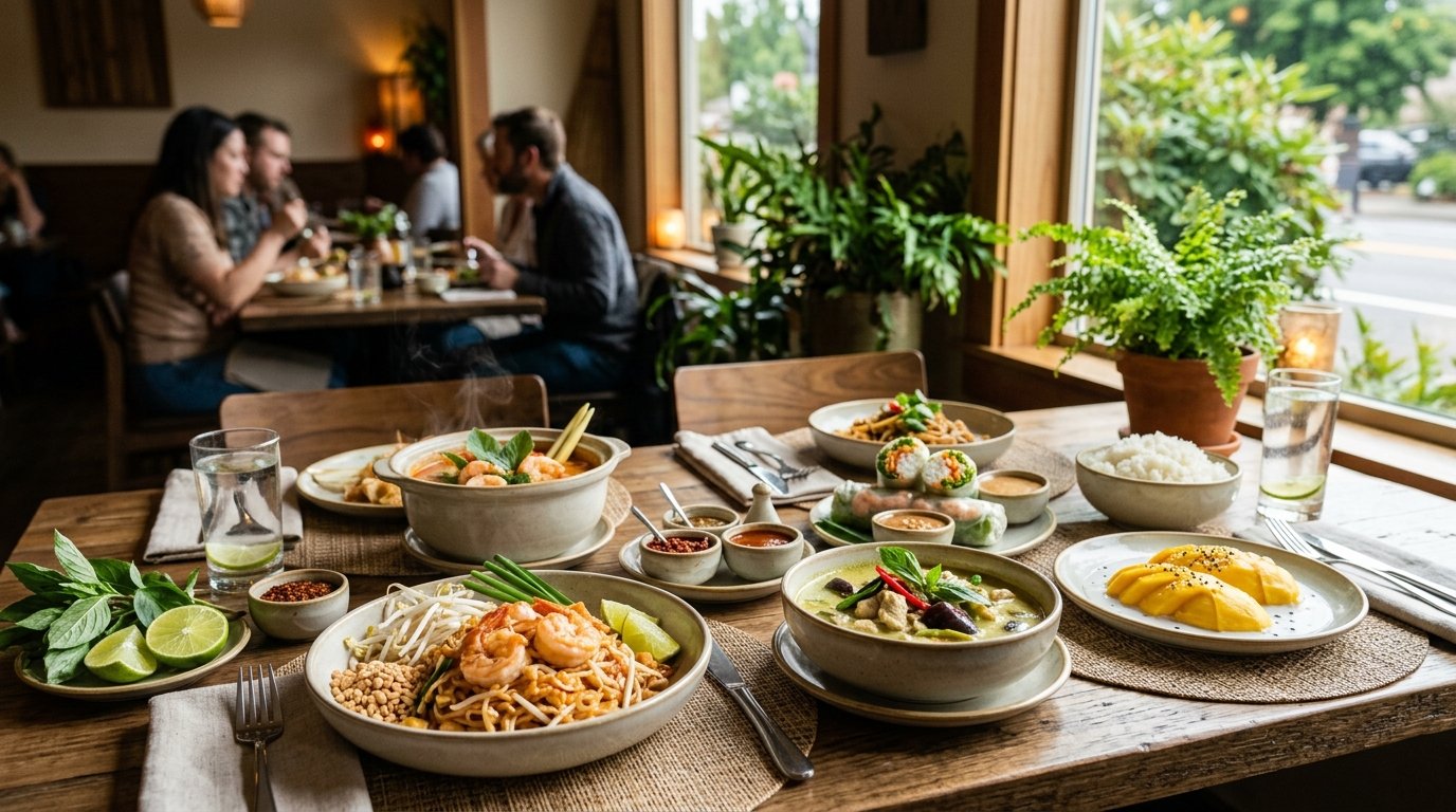 A table filled with colorful Thai dishes in a warm, welcoming restaurant.