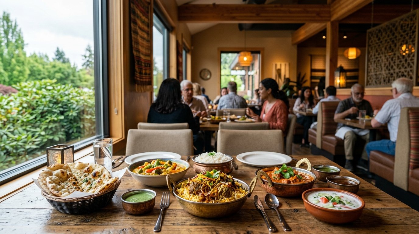 A welcoming Indian restaurant with diners and a table filled with colorful Indian dishes.