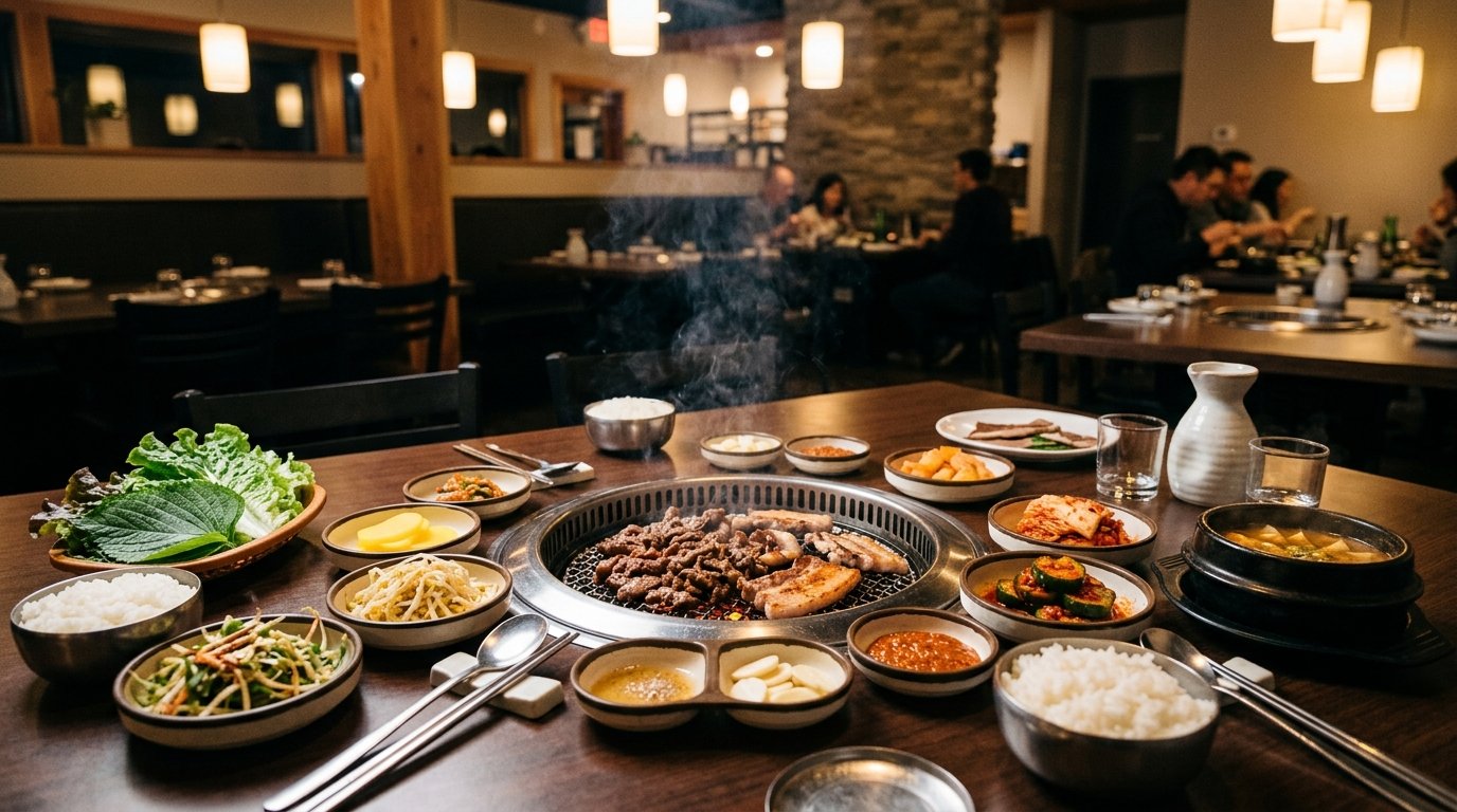 A Korean barbecue table with sizzling meat, side dishes, kimchi, lettuce, rice, and dipping sauces in a warmly lit restaurant.