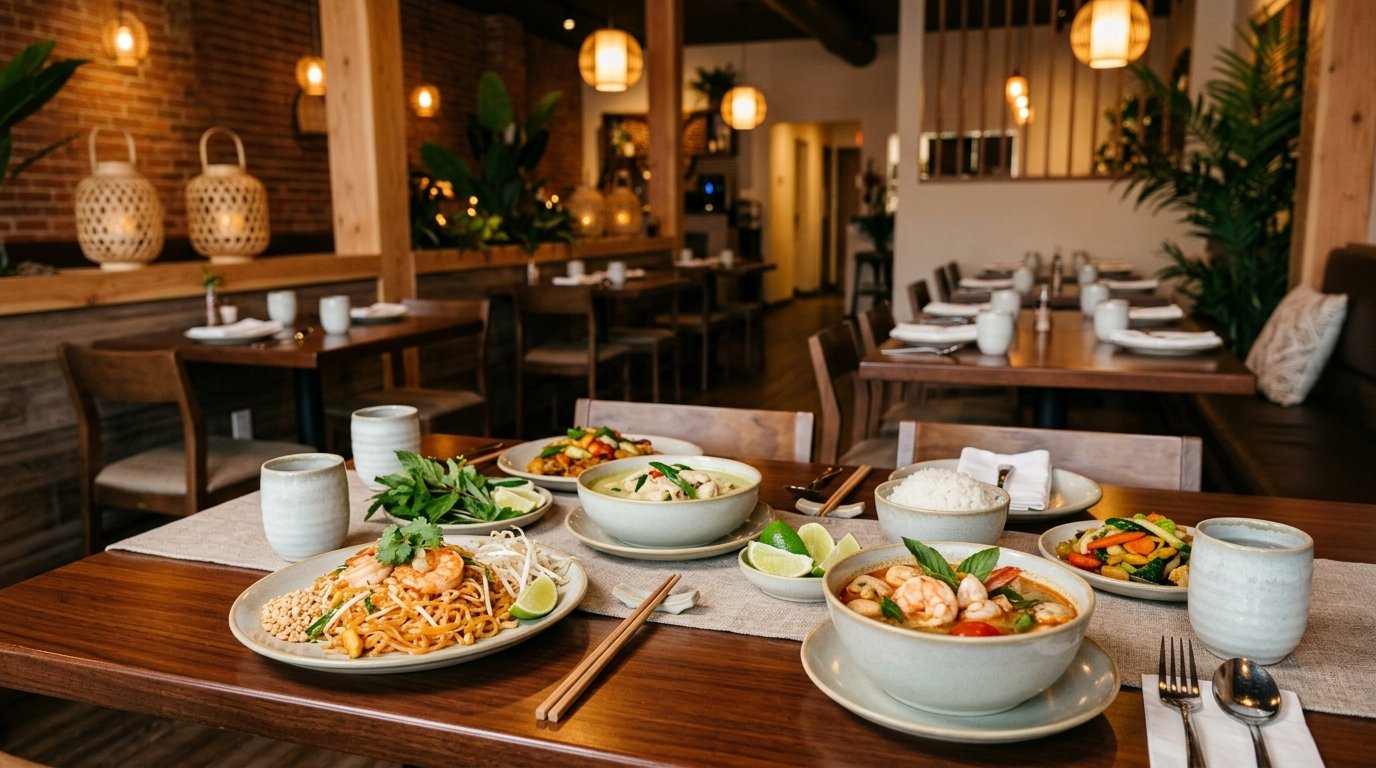 Thai dishes arranged on a table inside a warmly lit restaurant.