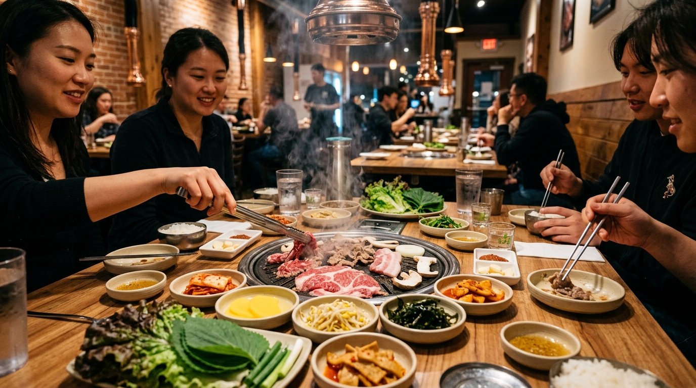 Diners share grilled meats, vegetables, and Korean side dishes around a tabletop barbecue grill.