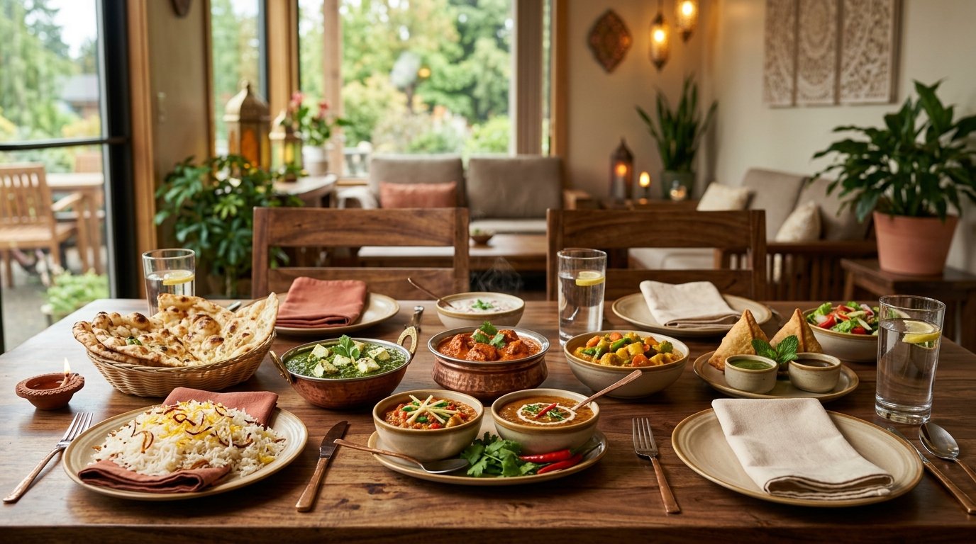 An inviting table filled with colorful Indian dishes inside a warmly lit restaurant.