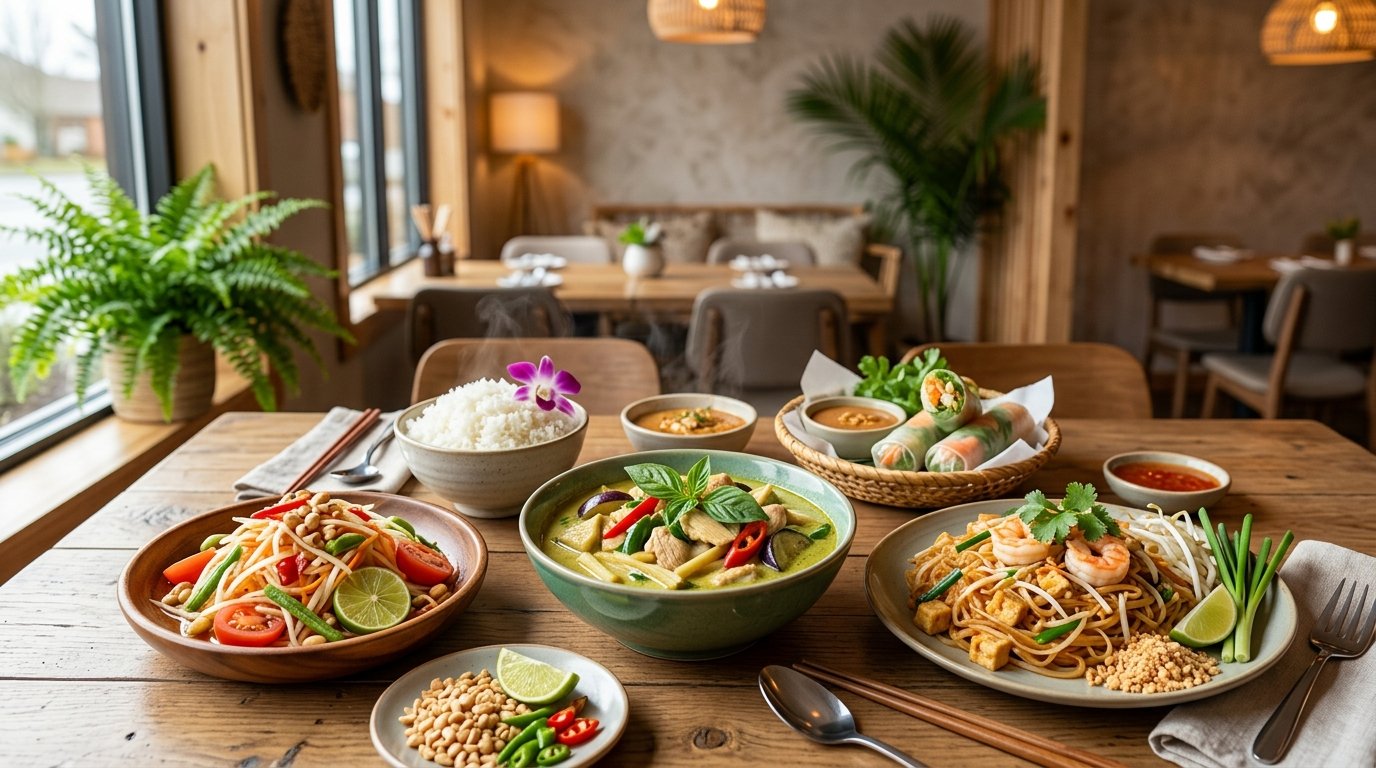 A table displaying colorful Thai dishes in a warmly decorated restaurant.
