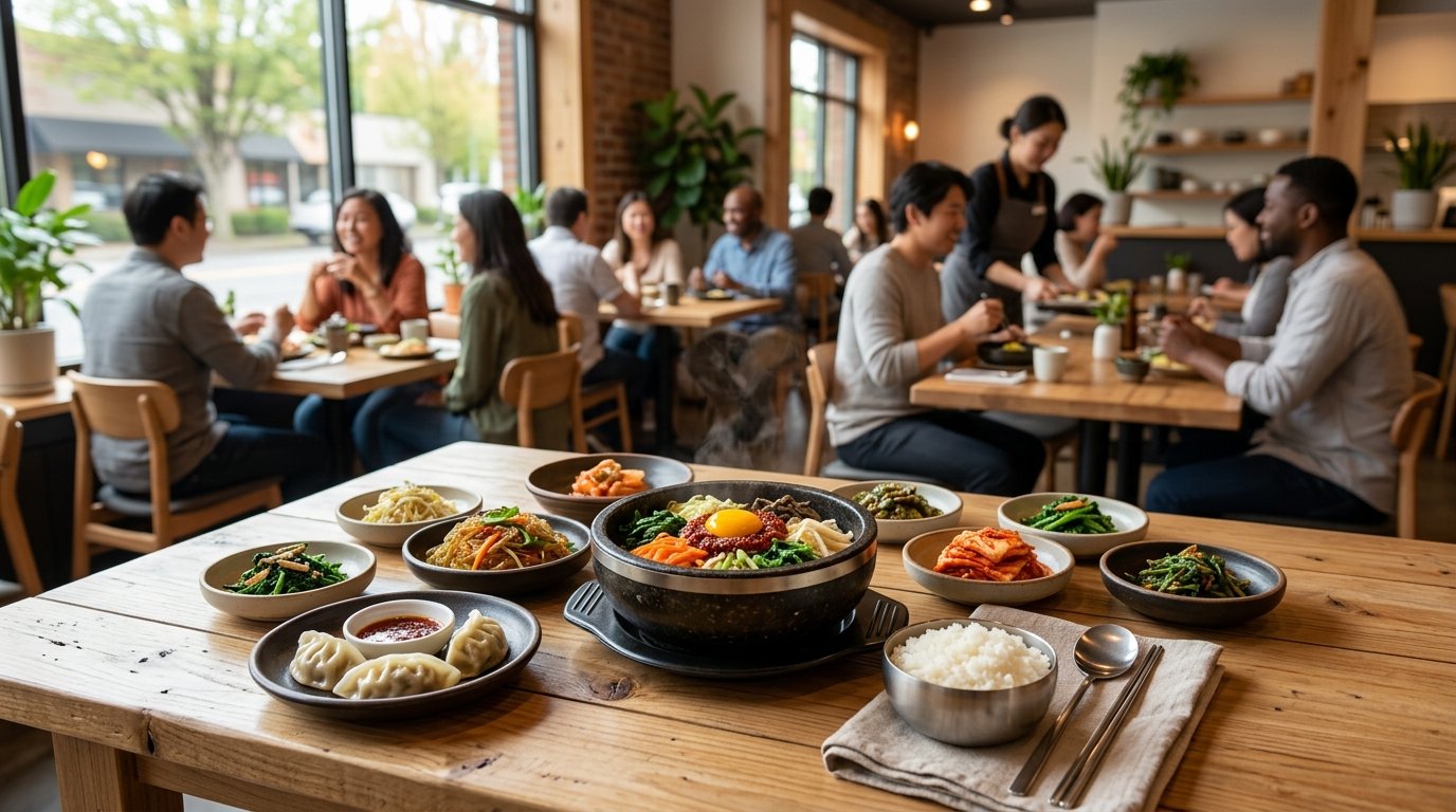 A table filled with colorful Korean dishes inside a warmly lit restaurant.