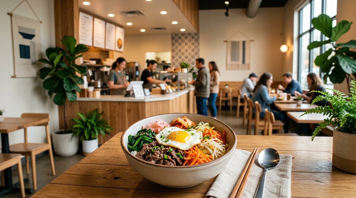 A Korean cupbap meal with rice, vegetables, meat, and an egg served inside a welcoming restaurant.