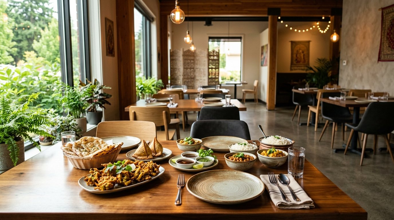 A warmly lit Indian restaurant table filled with pakoras, curries, naan, rice, chutneys, and other dishes.