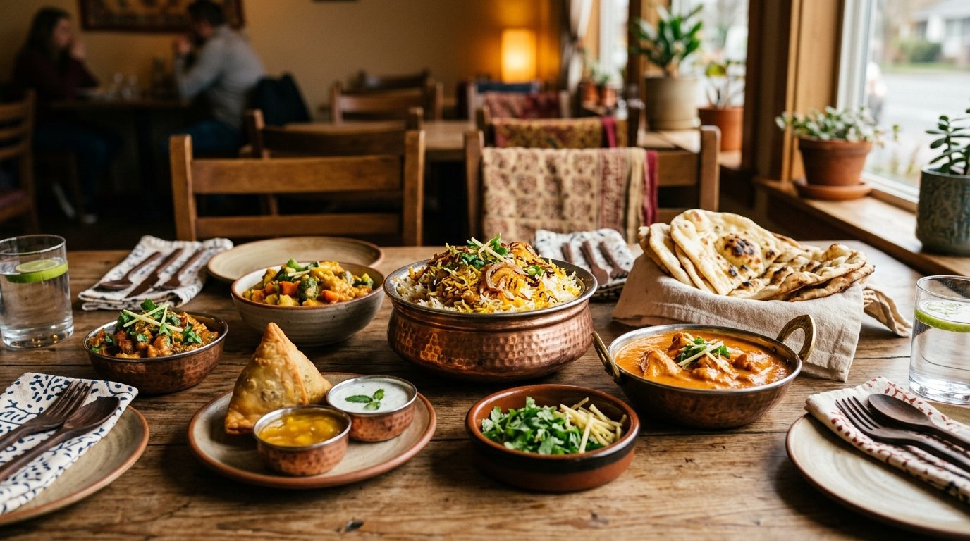 A table filled with colorful Indian dishes, naan, samosas, chutneys, and rice in a warmly lit restaurant.