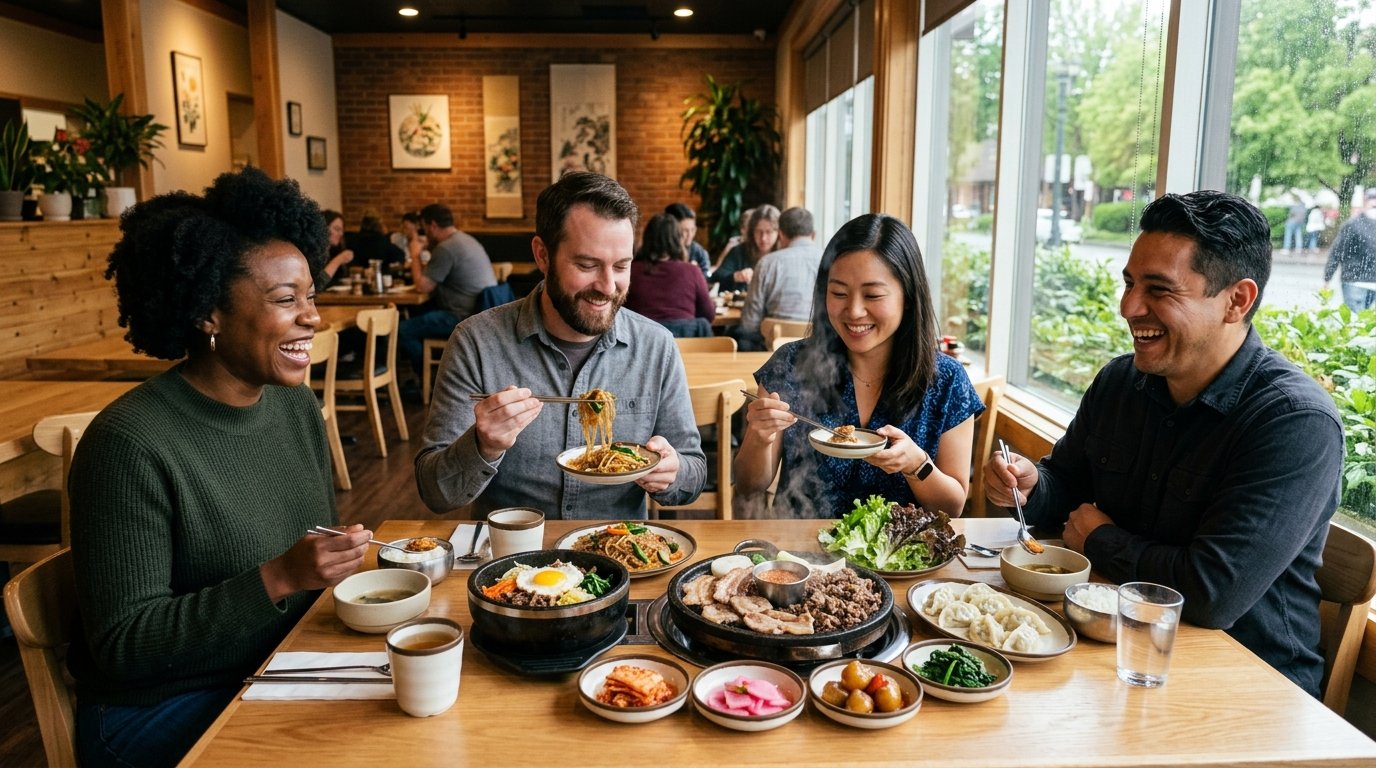 Diners enjoying a variety of Korean dishes in a welcoming restaurant.