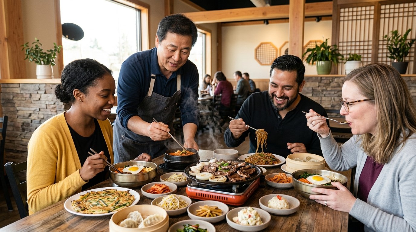 Diners share a colorful assortment of Korean dishes at a welcoming restaurant table.