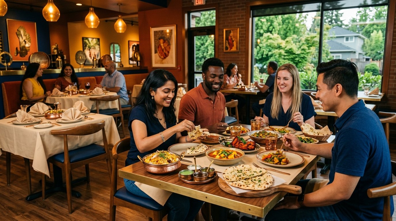 Diners enjoy colorful Indian dishes in a warmly lit contemporary restaurant.