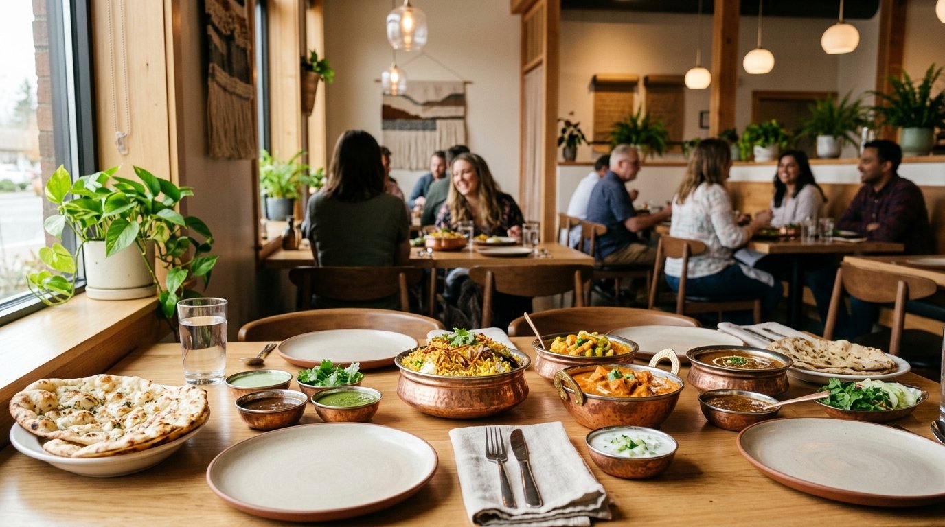 Indian dishes arranged on a table inside a warmly lit restaurant.