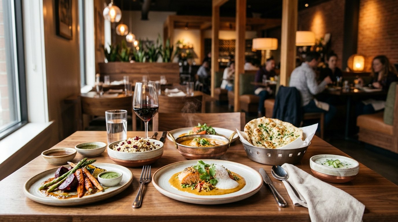 A warmly lit restaurant table displaying colorful Indian fusion dishes with herbs, chutneys, rice, and flatbread.