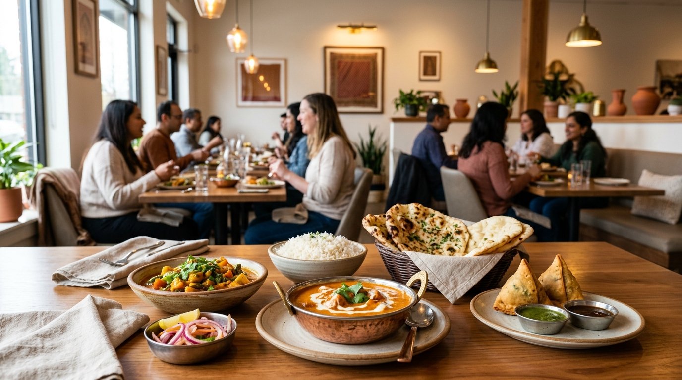 Diners enjoy colorful Indian dishes in a warmly lit restaurant.