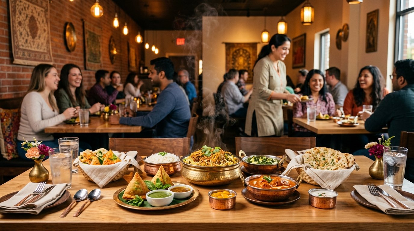 A welcoming Indian restaurant table filled with steaming curries, biryani, naan, samosas, chutneys, and other dishes.