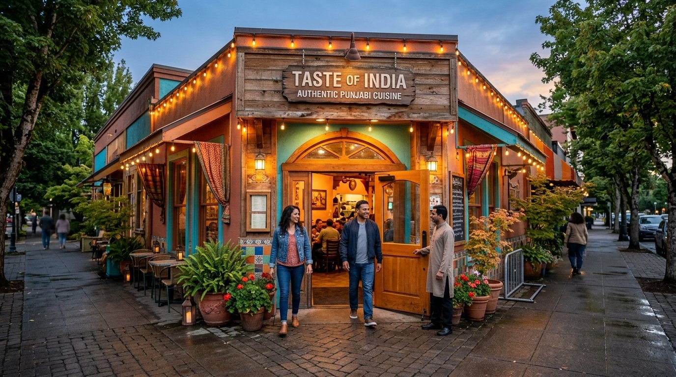 A welcoming Punjabi-style Indian restaurant exterior with warm lights and diners arriving.