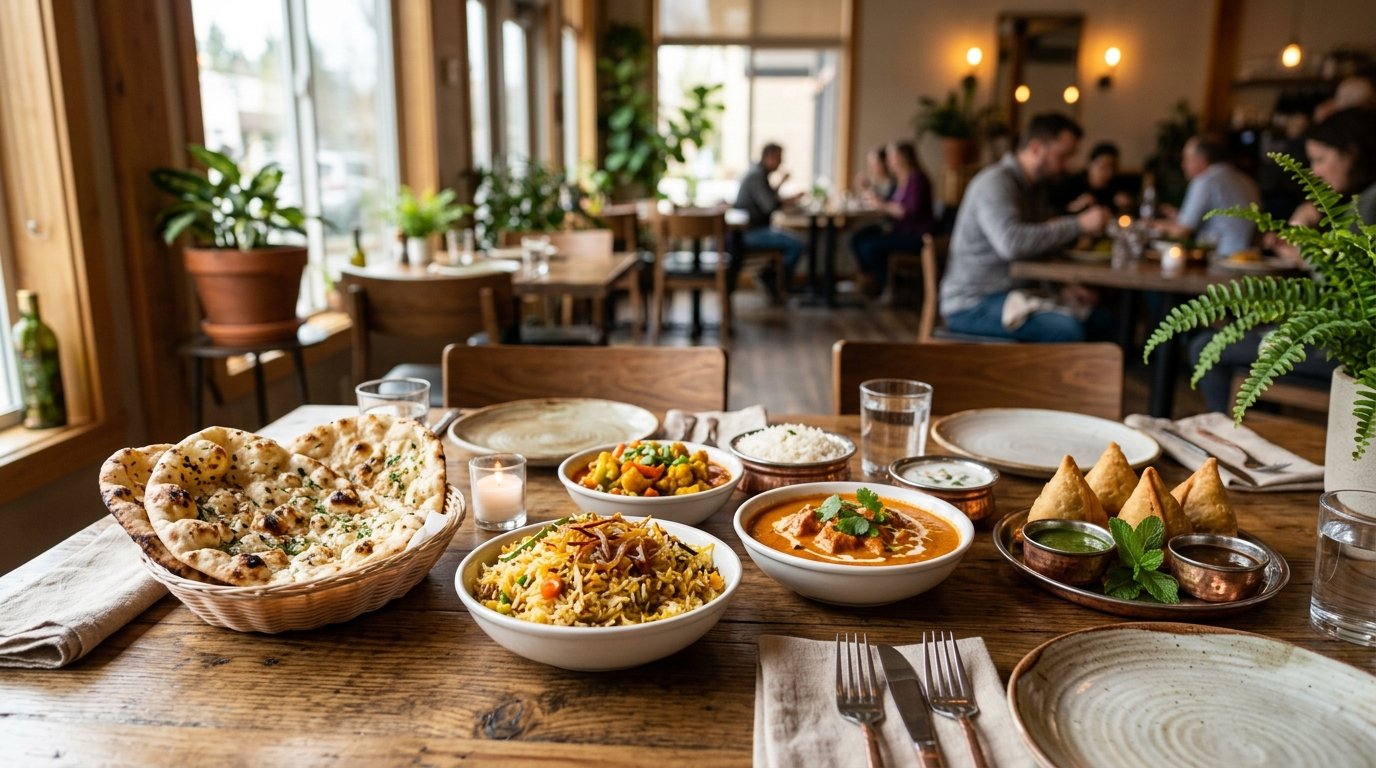 A table filled with naan, curries, biryani, samosas, rice, and chutneys in a welcoming Indian restaurant.