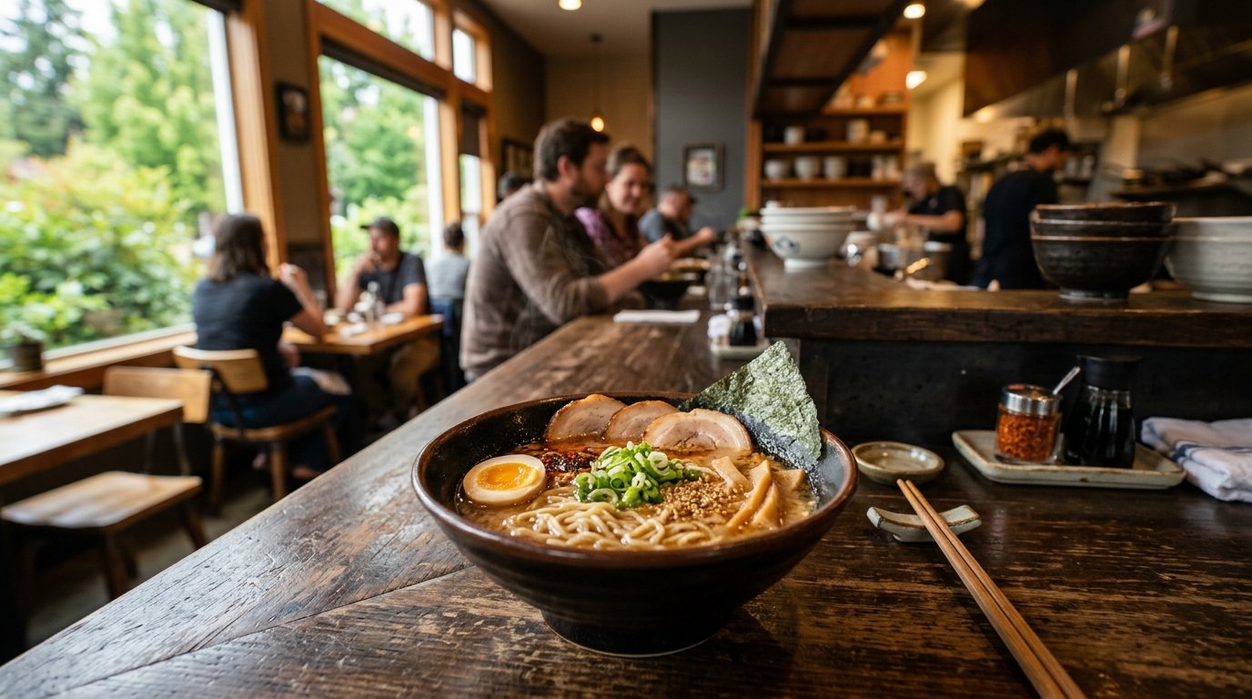 A steaming bowl of ramen on a counter inside a cozy Japanese restaurant.