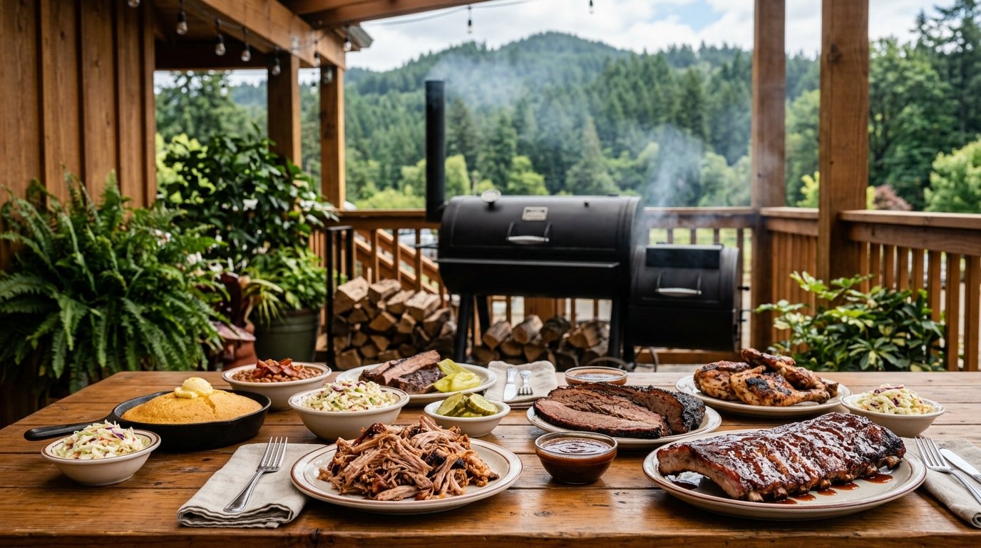 A barbecue restaurant patio table covered with smoked ribs, brisket, pulled pork, cornbread, and side dishes.