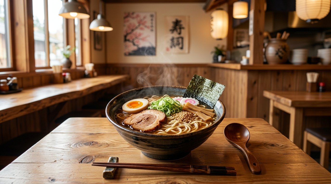 A steaming bowl of ramen on a wooden counter in a warmly lit Japanese restaurant.