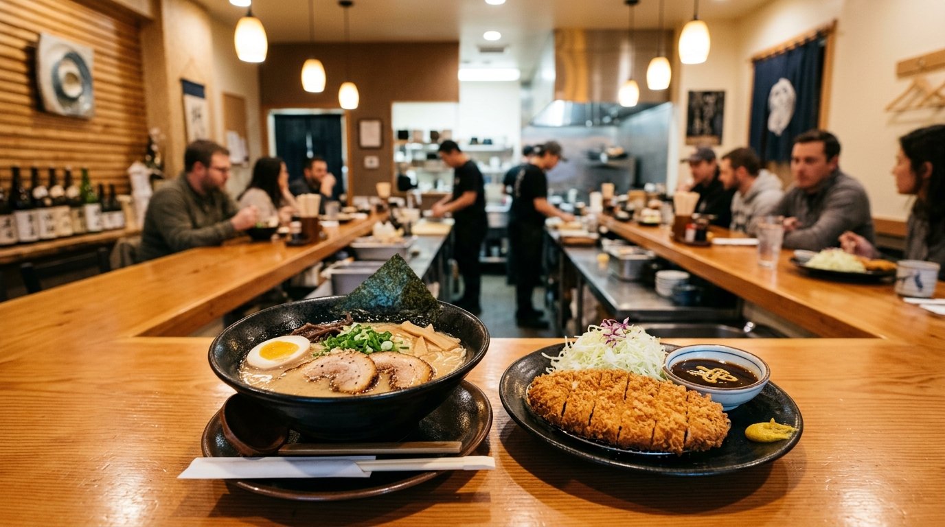 A bowl of tonkotsu ramen and a plate of golden tonkatsu in a cozy Japanese restaurant.