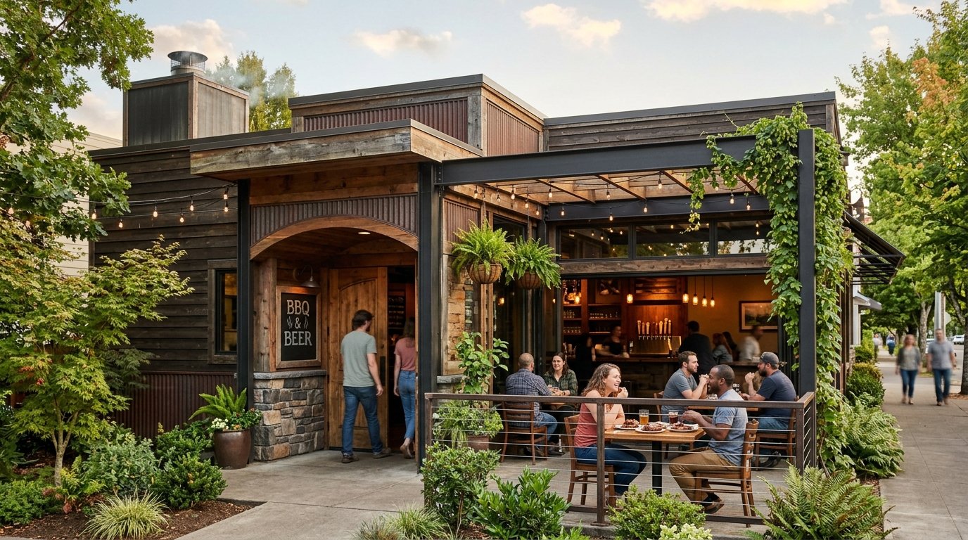 A welcoming barbecue restaurant and tap house with outdoor seating and customers in Eugene, Oregon.