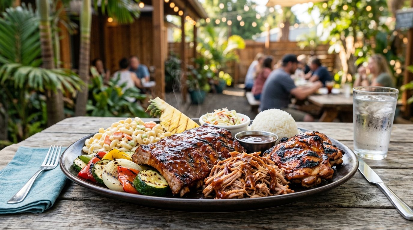 A platter of grilled barbecue meats and tropical-inspired side dishes on a wooden table outdoors.