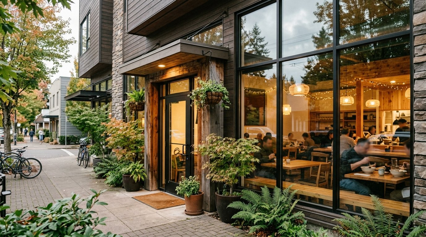 The welcoming entrance of a ramen restaurant in Eugene, Oregon, with greenery outside and a cozy dining room visible through the windows.