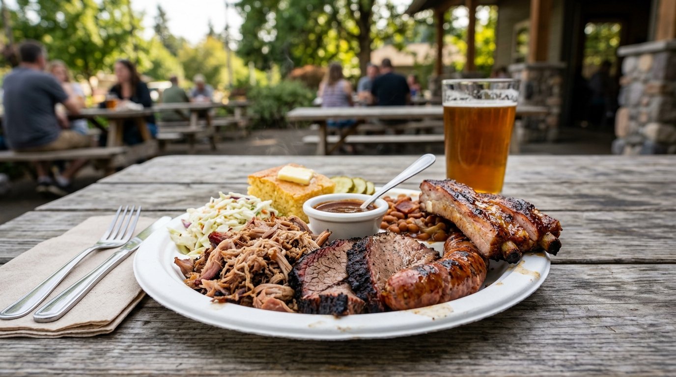 A plate of assorted barbecue meats and classic side dishes on a wooden outdoor table.