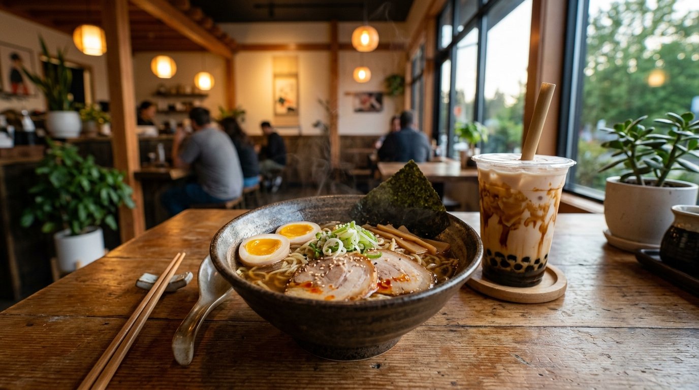 A steaming bowl of ramen and a boba tea on a wooden table in a cozy restaurant.