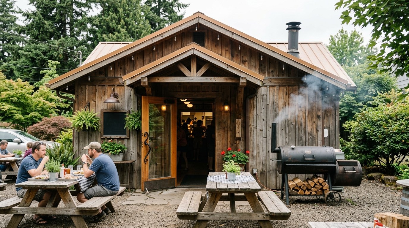 A small rustic barbecue restaurant with picnic tables, greenery, and a welcoming entrance.
