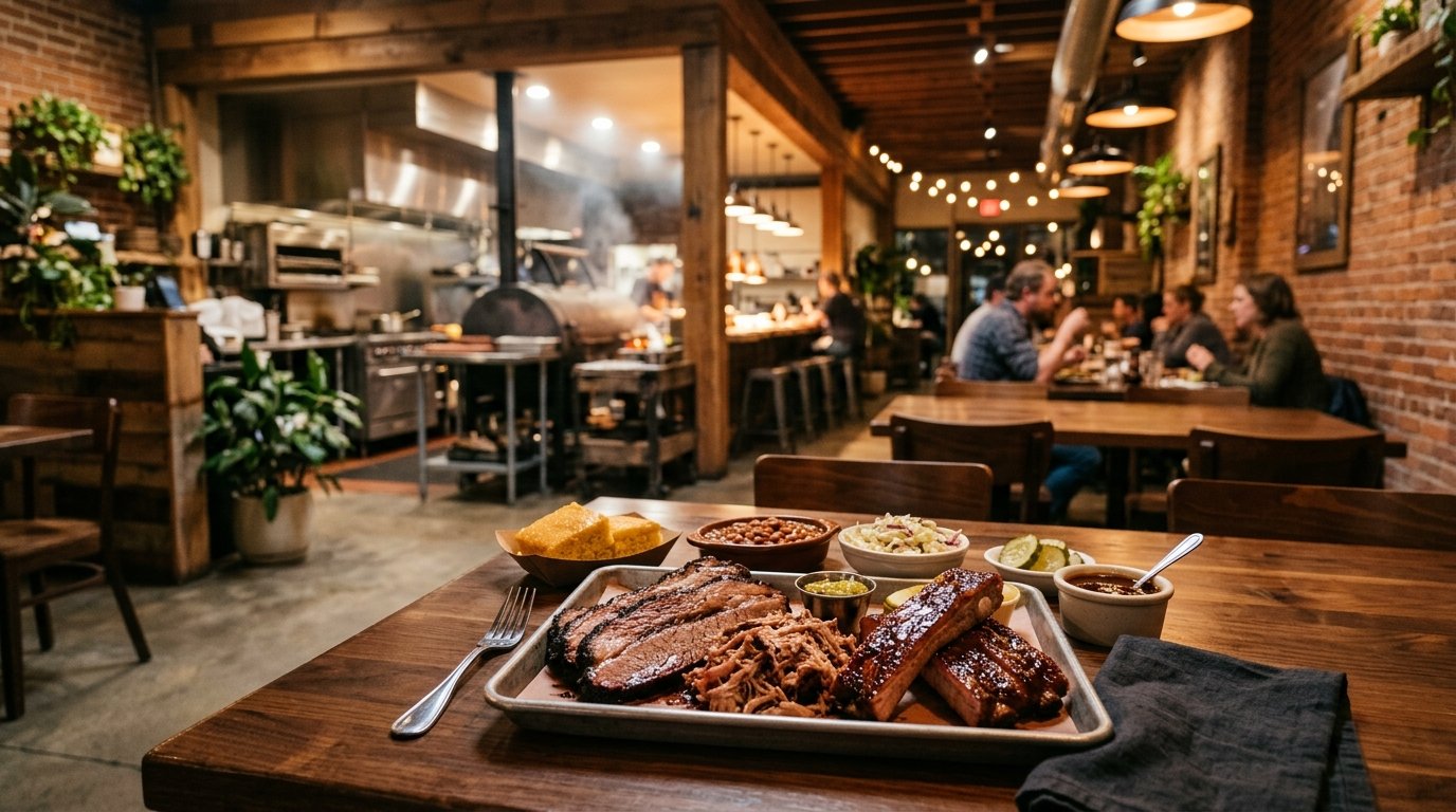 A table filled with barbecue meats and side dishes inside a warm rustic restaurant.