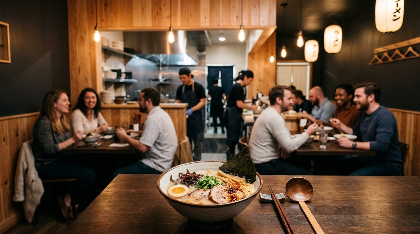 A warm Japanese ramen restaurant interior with diners and steaming bowls of ramen.
