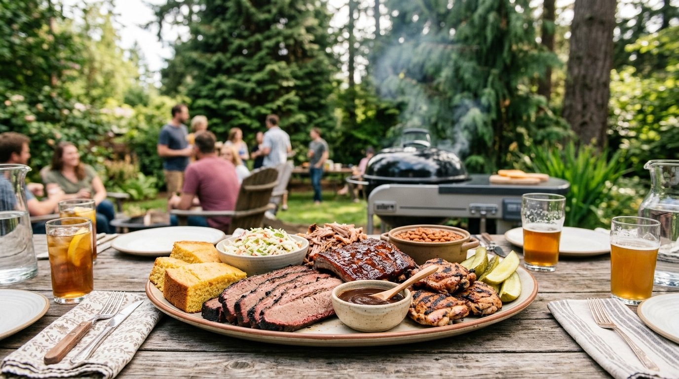 A spread of barbecue meats and side dishes on a wooden table at an outdoor cookout surrounded by evergreen trees.